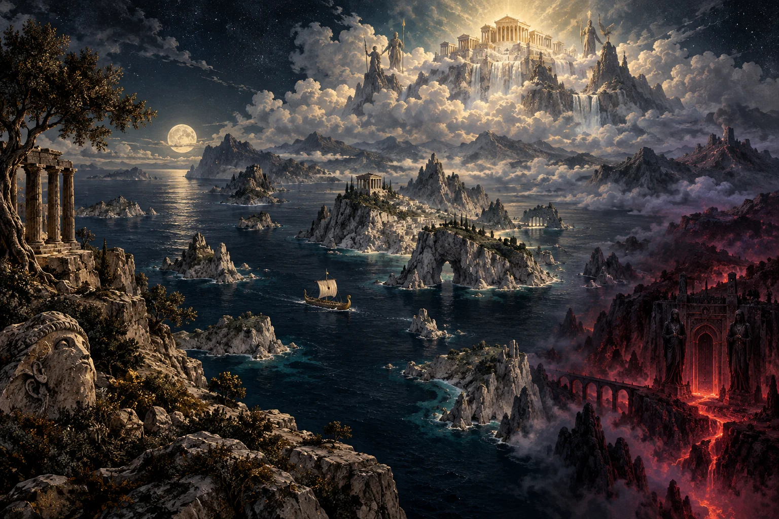 An imagined Greek mythological world: Olympus rises above a sea of islands; a glowing gateway descends into the Underworld.